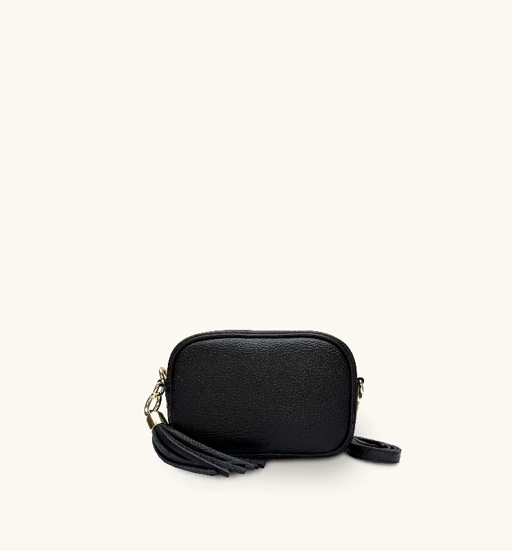 High-capacity nylon crossbody bags for overnight trip needs -The Mini Tassel Black Leather Phone Bag