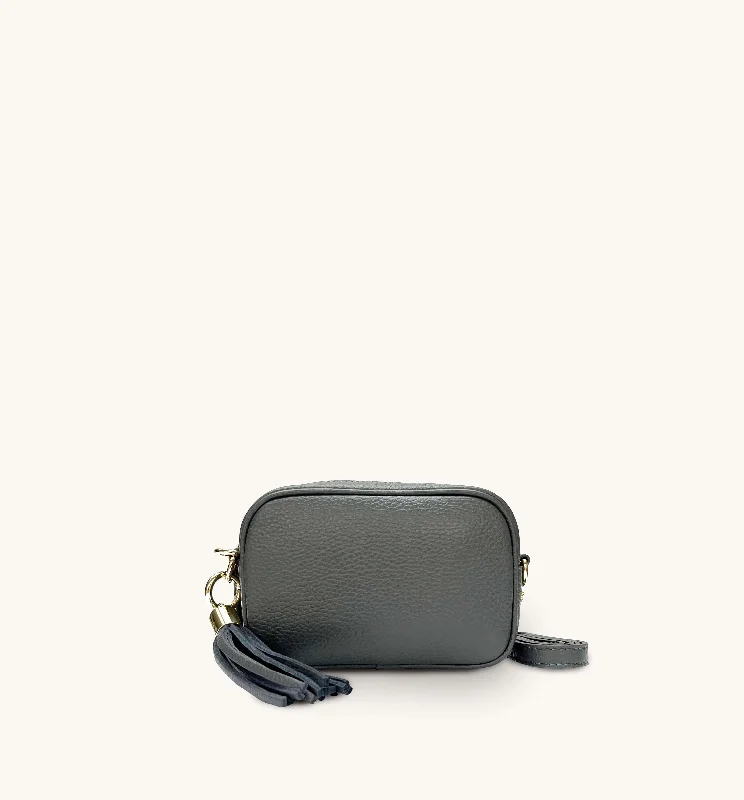 Waterproof neoprene crossbody bags great for beach trips -The Mini Tassel Dark Grey Leather Phone Bag