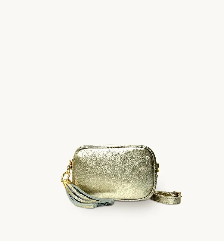 Travel-ready polyester crossbody bags with luggage sleeve -The Mini Tassel Gold Leather Phone Bag