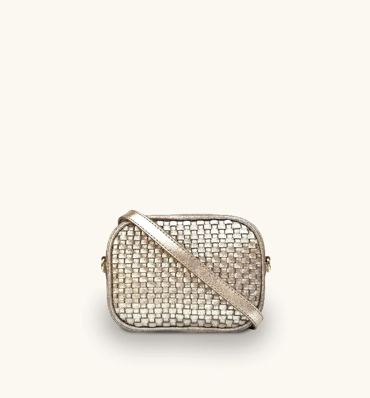 Soft lambskin crossbody bags for premium luxury feel -The Penelope Champagne Woven Leather Camera Bag