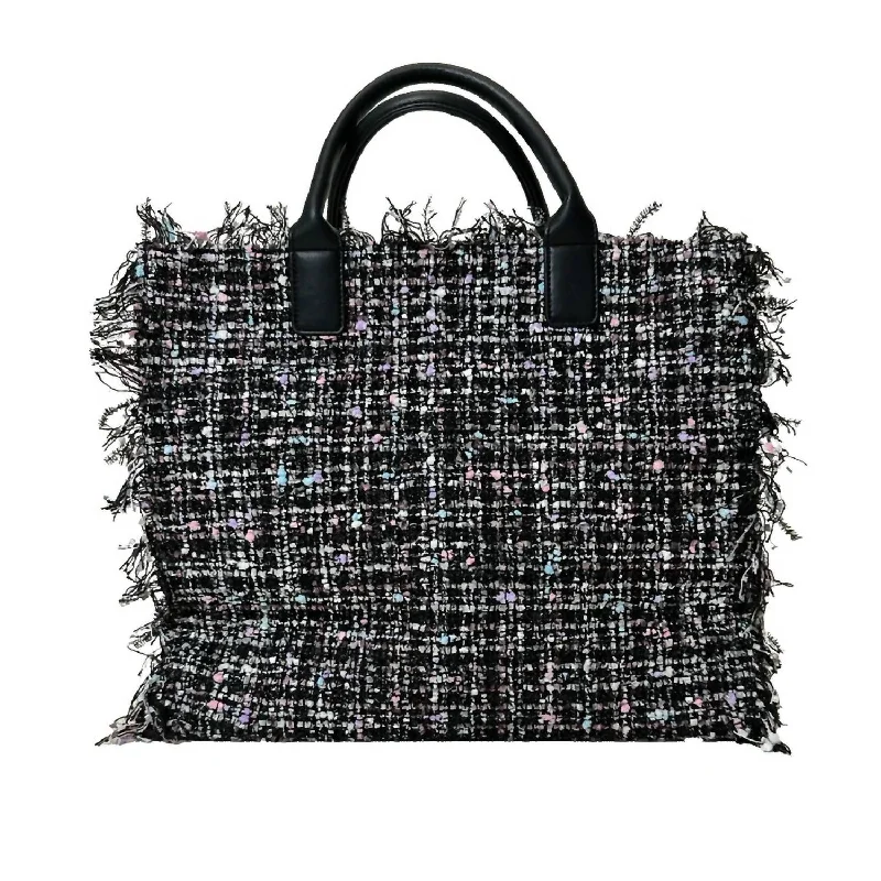 Marbled gray crossbody bags with subtle swirling patterns -Tori Spring Fringe Tweed Tote Bag In Black