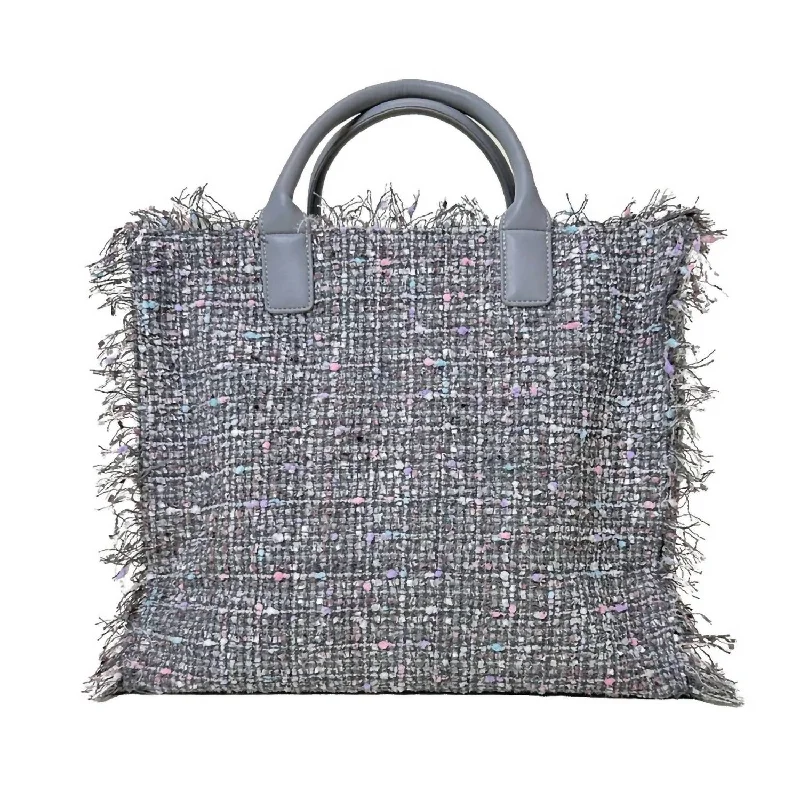 Curved saddle crossbody bags with equestrian-inspired flair -Tori Spring Fringe Tweed Tote Bag In Gray