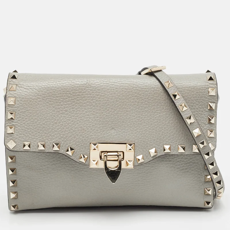 Soft taupe crossbody bags for neutral chic versatility -Valentino Grey Leather Rockstud Flap Crossbody Bag