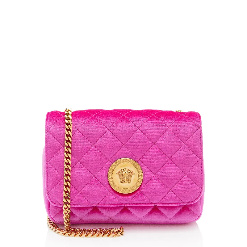 Trendy snakeskin crossbody bags for exotic evening looks -Versace Quilted Velvet Medusa Chain Crossbody