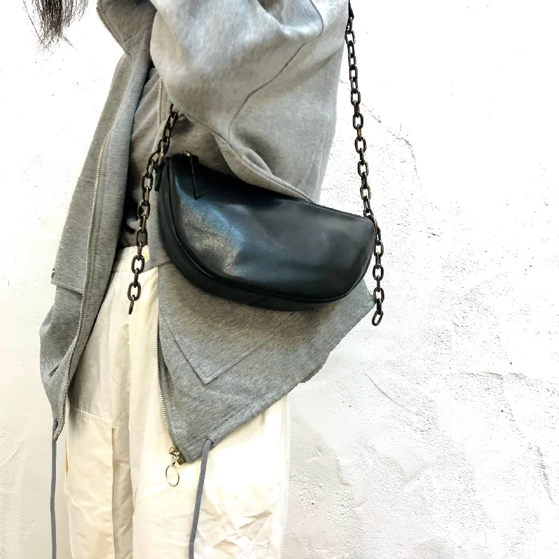 Smoky charcoal crossbody bags for cool urban edge -Women's Chest Bag Black Leather Sling with Chain Strap