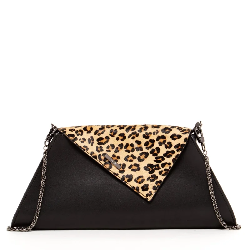 Chic satin evening bags with beaded detailing for an eye-catching, stylish finish -Angelica Black Leopard Clutch Bag