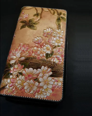 Evening clutches with minimalist designs and metallic accents for a chic, polished look -Brown Leather Women Cherry Blossom Tree Biker Wallet Handmade Tooled Zipper Long Wallets For Men