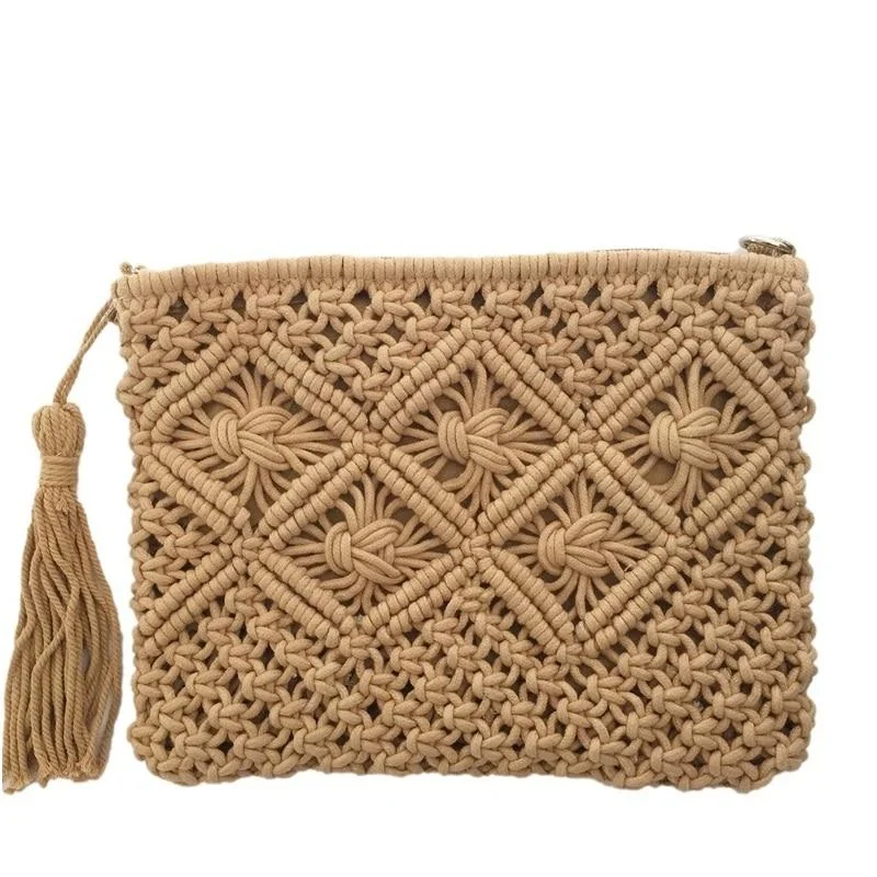 Bold and unique evening clutches with unconventional shapes for a statement-making appearance -Bohemian Woven Tassel Hollow Out Beach Bag Women Crochet Fringed Straw Clutch Handmade Day Clutches Knitting Weave Boho Summer