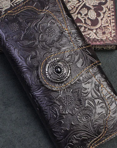 Evening clutches with minimalist designs and metallic accents for a chic, polished look -Handmade Long Leather Wallet Bifold Button Carved Floral Leather Clutch Wallet For Men Women