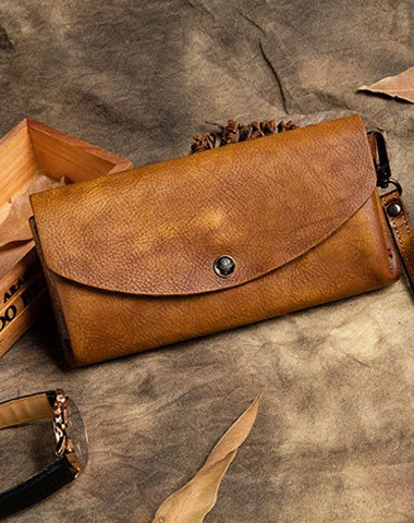 Handcrafted evening bags with unique, artisan details for a one-of-a-kind accessory -Handmade Long Leather Wallet Vintage Wallet Botton Clucth Purse For Women