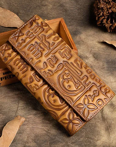 Elegant satin evening clutches with pleats or ruching for a sophisticated finish -Handmade Long Leather Wallet Carved Vintage Wallet Botton Clucth Purse For Men Women