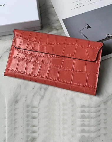 Elegant satin evening clutches with pleats or ruching for a sophisticated finish -Cute Women Red Vegan Leather Long Wallet Crocodile Pattern Card Holder Clutch Wallet For Women