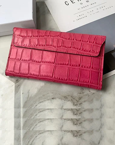 Glamorous rhinestone evening bags with silver or gold detailing for added sparkle -Cute Women Rose Pink Vegan Leather Long Wallet Crocodile Pattern Card Holder Clutch Wallet For Women