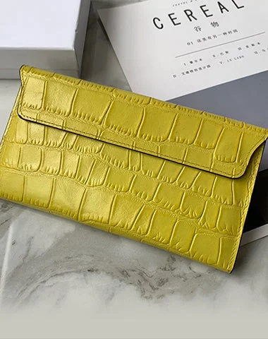 Modern metallic evening bags with sleek lines and edgy designs for trendy looks -Cute Women Yellow Vegan Leather Long Wallet Crocodile Pattern Card Holder Clutch Wallet For Women