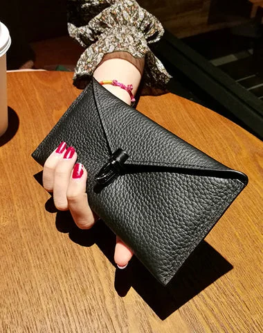 Decorative evening bags with flower or leaf motifs for a nature-inspired, romantic style -Cute Womens Black Leather Envelope Wallet Slim Clutch Purse Checkbook Long Wallet for Women