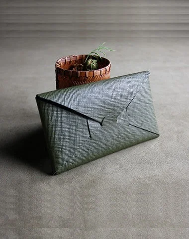 High-end evening bags with custom embroidery for a personalized fashion statement -Cute Womens Dark Green Leather Envelope Wallet Slim Clutch Purse Checkbook Long Wallet for Women