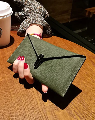 Modern evening clutches with geometric shapes and minimalistic finishes for a trendy look -Cute Womens Green Leather Envelope Wallet Slim Clutch Purse Checkbook Long Wallet for Women