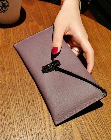 Luxurious crystal-studded evening bags with intricate designs for high-fashion events -Cute Womens Purple Leather Envelope Wallet Slim Clutch Purse Checkbook Long Wallet for Women