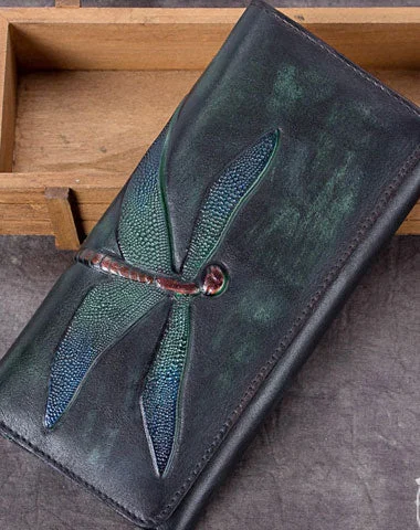 Evening bags with detachable straps for versatile carrying options at formal events -Genuine Leather Wallet Long Dragonfly Wallet Purse For Men Women