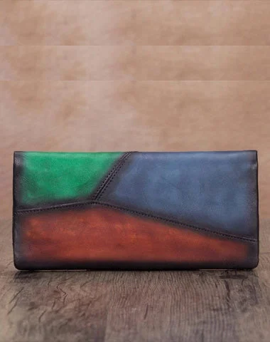 Evening clutches with minimalist designs and metallic accents for a chic, polished look -Geometric Womens Leather Long Clutch Wallet Long Wallet Colorful Bifold Long Purse for Ladies