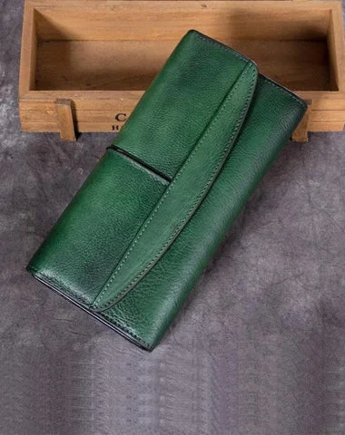 Classic and simple evening clutch bags with metallic linings for elegant finishes -Green Vintage Womens Leather Trifold Long Wallet Purse CLutch Phone Wallet for Ladies