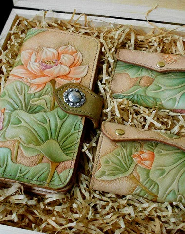 Classic and simple evening clutch bags with metallic linings for elegant finishes -Handmade Womens Long Wallet tooled lotus flower leather long wallet for women