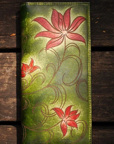 Stylish silver evening bags with polished finishes for modern, sophisticated elegance -Handcraft vintage distress green floral leather hand dyed long wallet for women lady