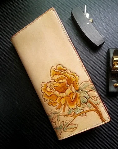 Bold and unique evening clutches with unconventional shapes for a statement-making appearance -Handmade women leather wallet vintage hand carved tree peony leather long wallet for women