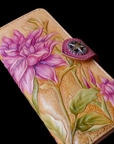 Elegant evening bags with floral beadwork for a delicate, feminine look at parties -Handcraft vintage hand painting Dahlia pinnata leather long wallet for women