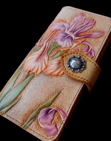 Leather evening bags with chain straps for versatility and elegant carrying options -Handcraft vintage hand painting Irises flower leather long wallet for women