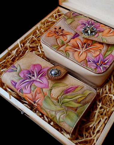 Beautifully detailed evening clutches with mirror finishes for a futuristic, upscale look -Handmade women wallet vintage carved lily flower leather long wallet/hip bag for women