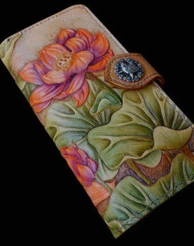 Petite evening clutches with structured designs for high-fashion and sophisticated events -Handcraft vintage hand painting lotus flower leather long wallet for women