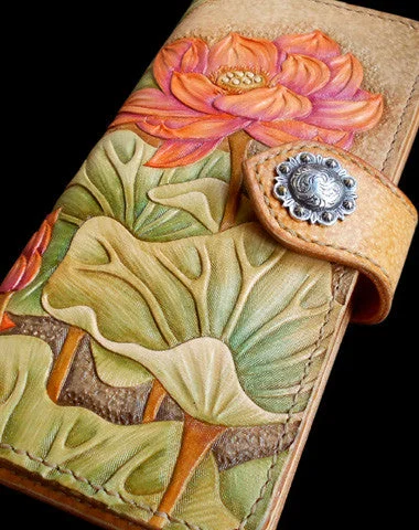 Sparkling evening clutches with rhinestone or crystal designs for a glamorous touch -Handcraft vintage hand painting lotus flower leather long wallet for women