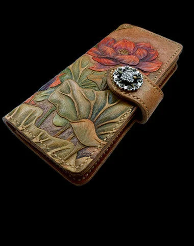 Fashionable evening clutches with unique metallic finishes and sculptural shapes for luxury -Handcraft vintage hand painting lotus flower leather long wallet for women