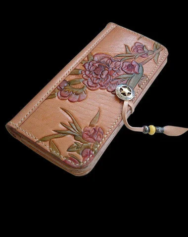 Satin evening bags with modern geometric designs for a trendy, chic accessory -Handcraft vintage hand painting peach blossom leather long wallet for women