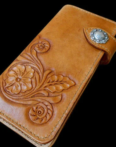 Satin evening bags with metallic accents for a sophisticated finish at formal gatherings -Handcraft vintage handmade carved floral leather long wallet for women ladys