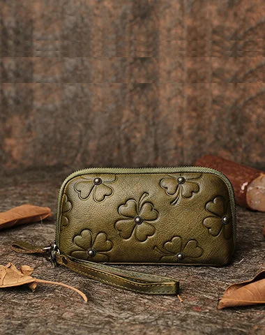 Simple leather clutches for formal gatherings with sleek and minimalist designs -Handmade Dark Green Womens Clover Leather Long Wallet Zipper Clutch Wristlet Wallet for Women