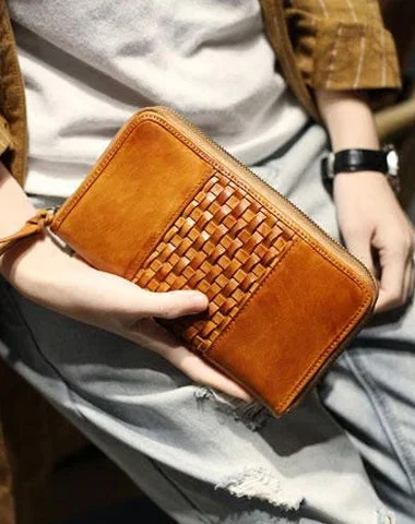 Bold and unique evening clutches with unconventional shapes for a statement-making appearance -Vintage Brown Braided Leather Long Zipper Clutch Wallet Phone Purse Clutch For Women