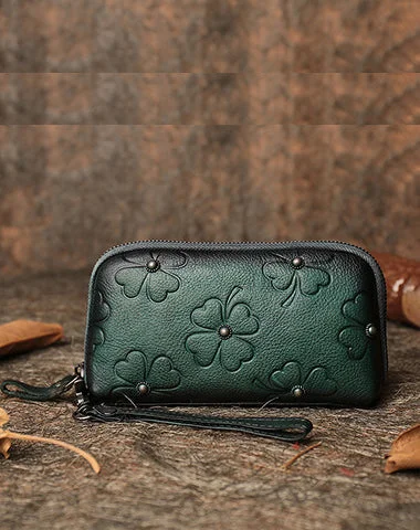 Personalized evening clutches with initials or custom designs for a unique touch -Handmade Green Womens Clover Leather Long Wallet Zipper Clutch Wristlet Wallet for Women