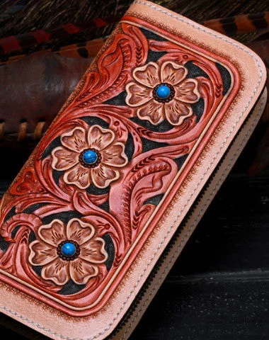 Classic evening clutch bags with textured fabrics for a rich and luxurious appearance -Handmade leather beige floral wallet leather zip women clutch Tooled Long wallet men