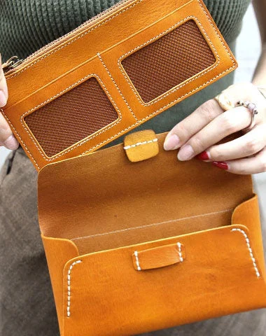 High-fashion evening bags with bold logos and sleek metallic hardware for branding -Handmade leather detachable clutch purse long wallet purse clutch women