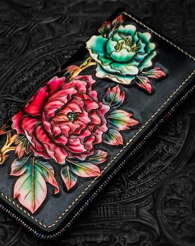 Formal evening bags with intricate embroidery and metallic threads for a statement piece -Handmade Leather Tooled Black Peony Cool Leather Wallet Zipper Long Phone Clutch Wallets for Women