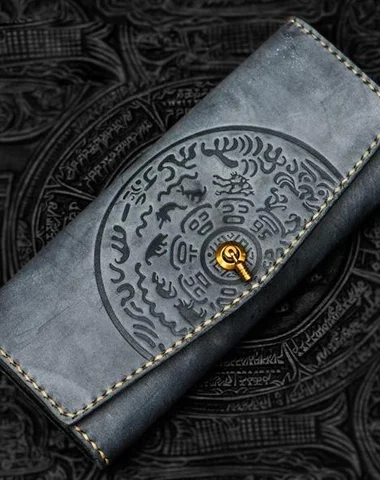 Luxury silk evening clutches with intricate beading and floral designs for a refined look -Handmade Leather Tooled Gray Women Envelope Vintage Leather Wallet Long Phone Clutch Wallets for Women