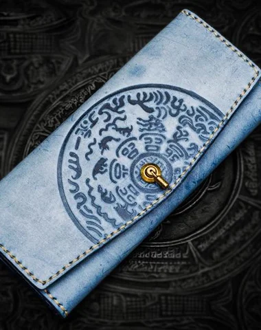 Velvet evening bags with soft, rich texture and minimalistic hardware for elegance -Handmade Leather Tooled Blue Women Envelope Vintage Leather Wallet Long Phone Clutch Wallets for Women