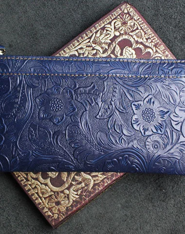 Elegant evening bags with velvet finishes and floral patterns for a vintage-inspired vibe -Handmade long leather wallet zipper flowral leather clutch wallet for men women