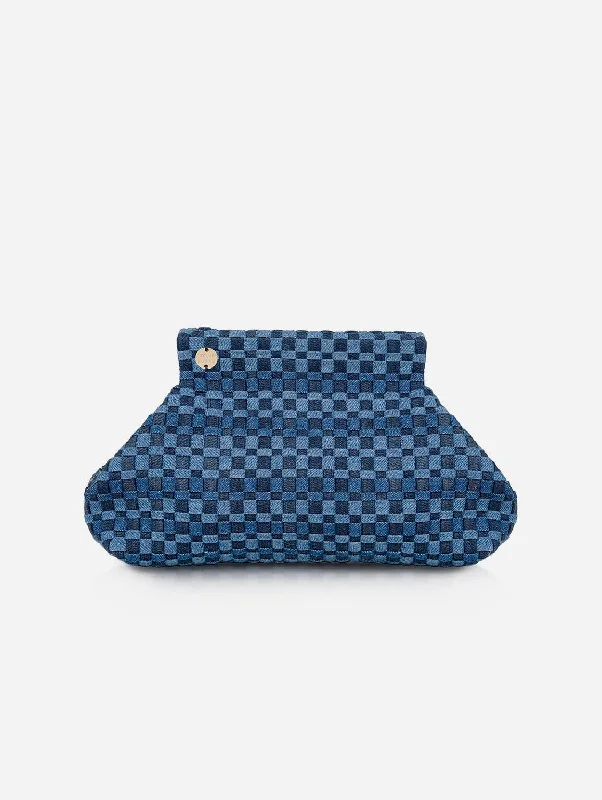 Decorative evening bags with flower or leaf motifs for a nature-inspired, romantic style -Lilis Medium Frame Denim Clutch Bag | Blue