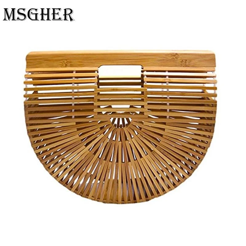 Stylish evening clutches with soft leather for a smooth, elegant look -MSGHER Bamboo Round Bag Wooden Handbags Women Shopping Hollow Out Woven Beach Bags For Women Summer Luxury Designer Hand Bag