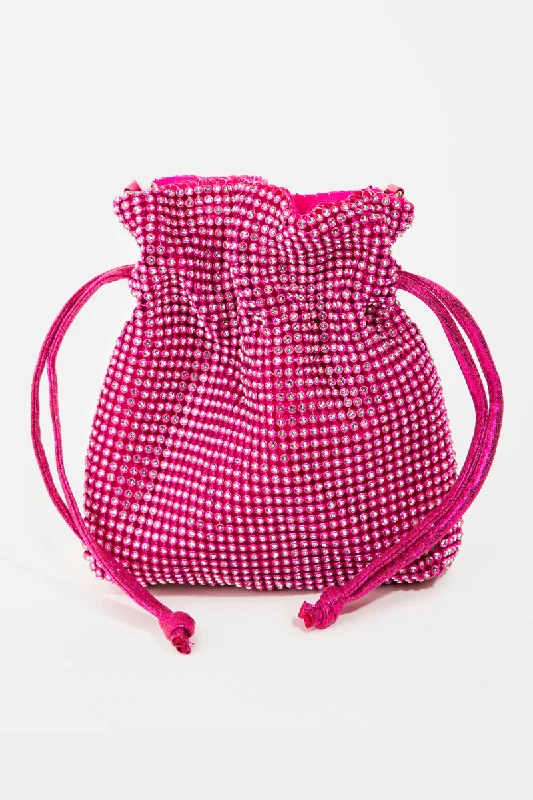 Decorative evening bags with flower or leaf motifs for a nature-inspired, romantic style -Pave Rhinestone Drawstring Bag