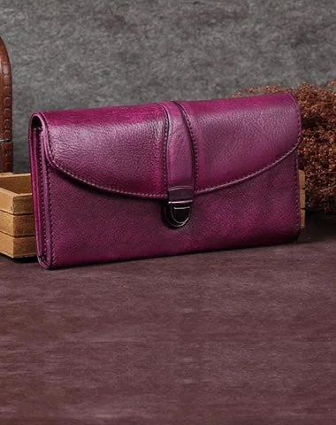 Personalized evening clutches with initials or custom designs for a unique touch -Purple Womens Vintage Leather Bifold Wallet Long Wallet Brown Phone Clutch Wallet Purse for Ladies