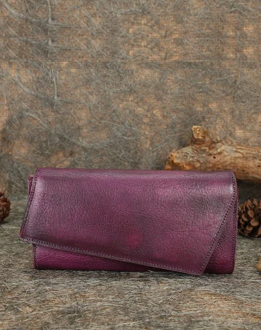 Luxury metallic clutches with gold or silver accents for evening glam -Purple Womens Geometry Leather Trifold Long Wallet Vintage Clutch Wallet for Ladies